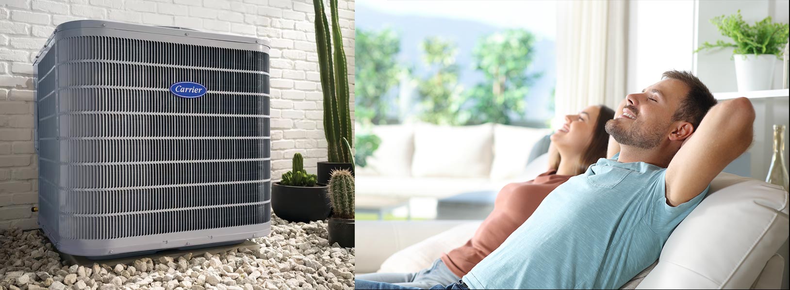 Photo of air conditioning compressor unit and people enjoying cool air conditioning